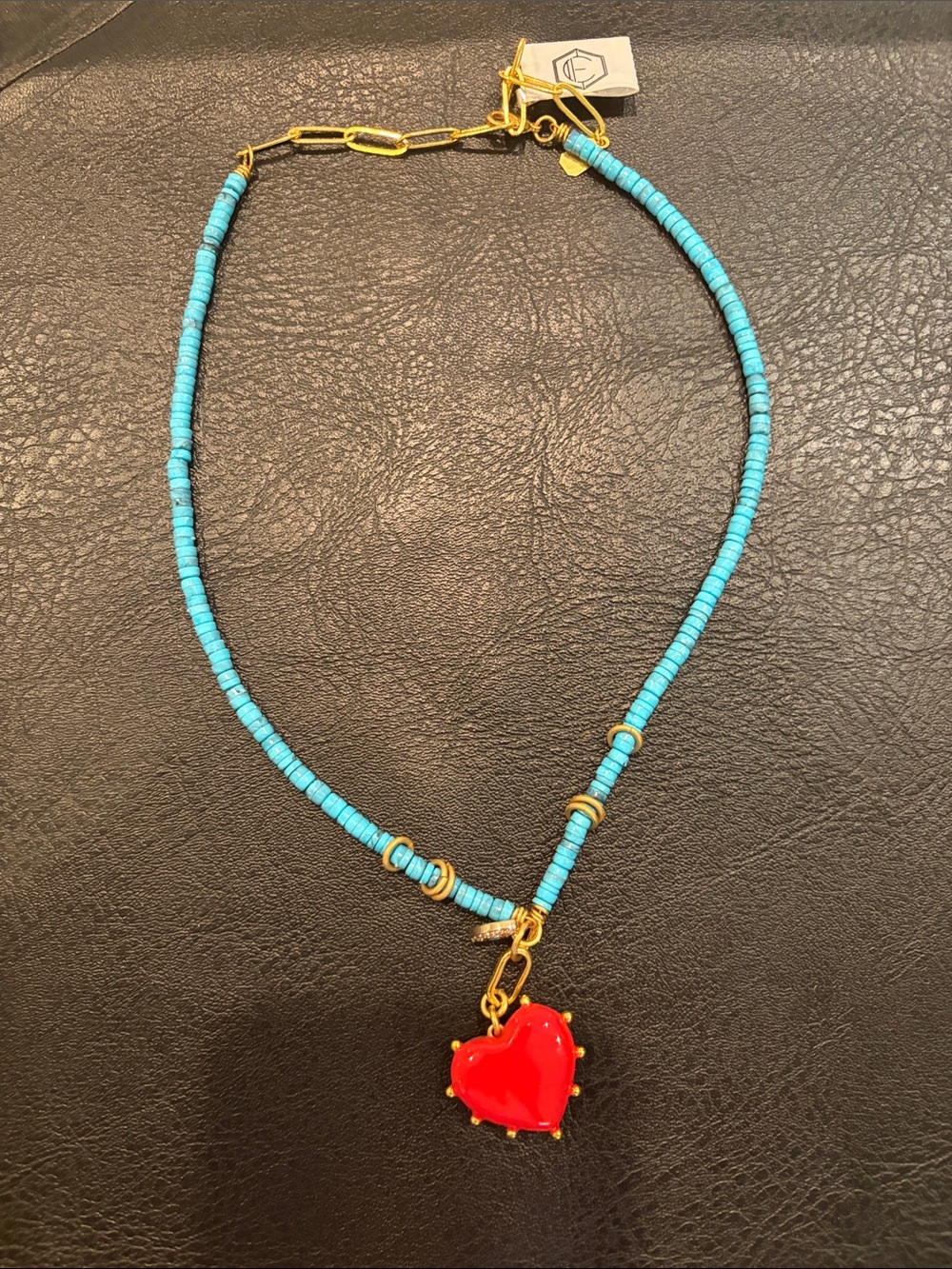 Roxanne Assoulin Turquoise Beaded Necklace with Red Heart Charm Evil Eye NWT